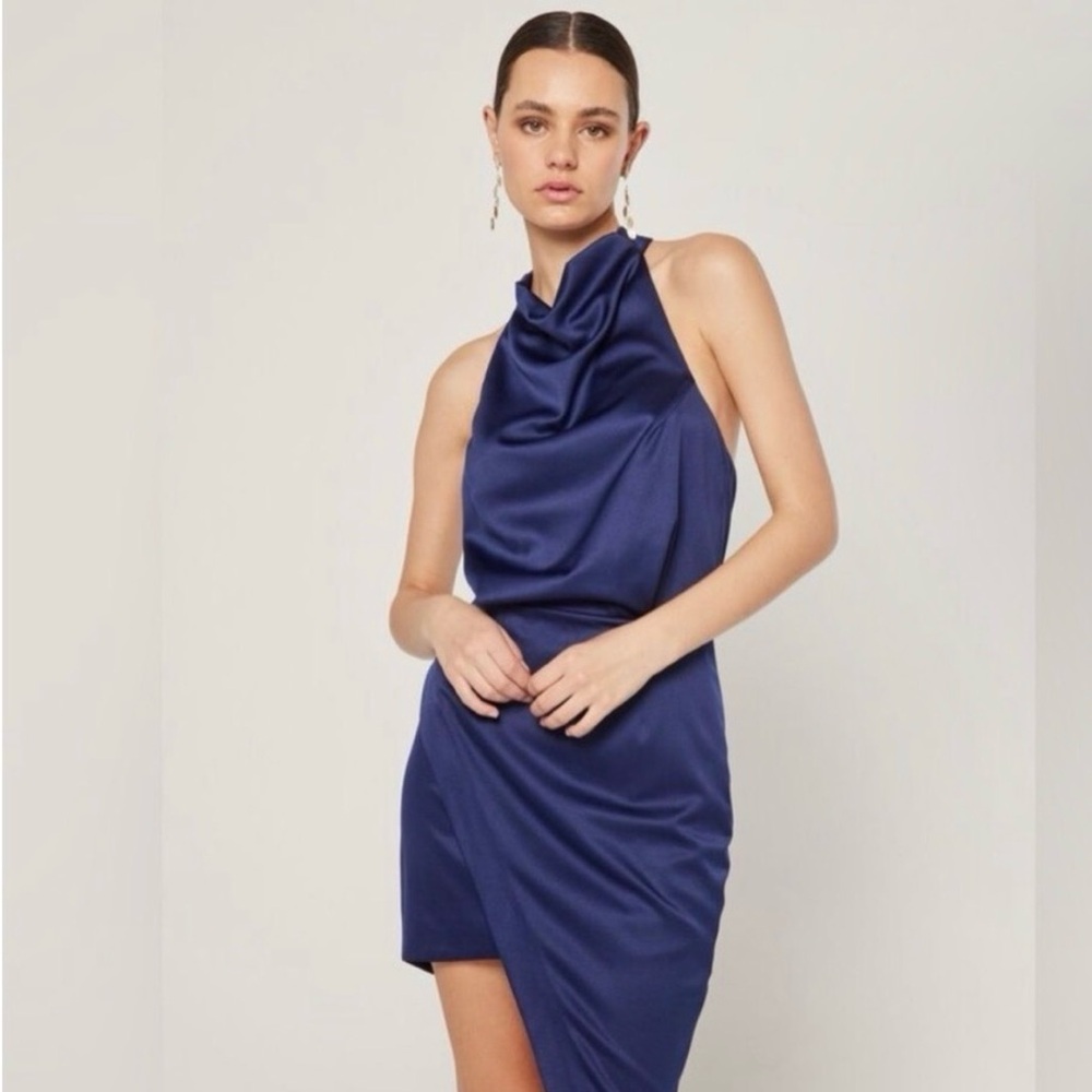 Elliatt Camo Halter Satin Asymmetric Hem Mini Dress Navy Blue Revolve